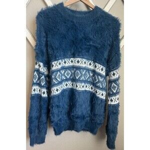 BDG Urban Outfitters Men's S Fuzzy Fair Isle Crew Neck Sweater - Blue